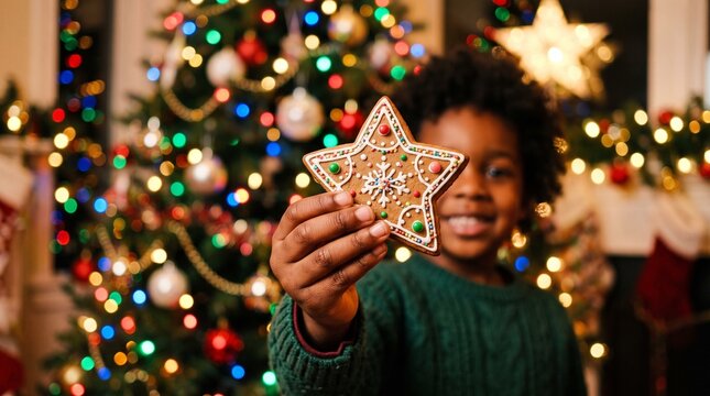 Happy child holding a decorated star gingerbread cookie in front of a christmas tree with star shape green sweater christmas spirit holidays