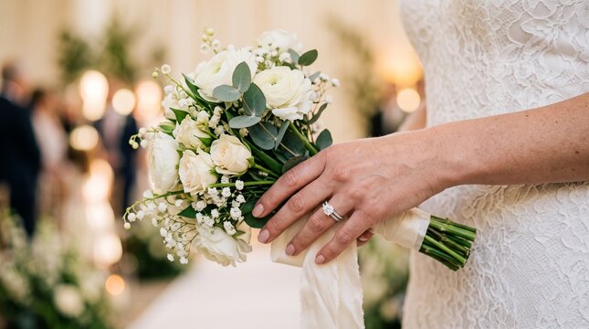 Bride holding a wedding bouquet of white flowers and green eucalyptus leaves with wedding ring lace dress floral arrangement wedding day ceremony
