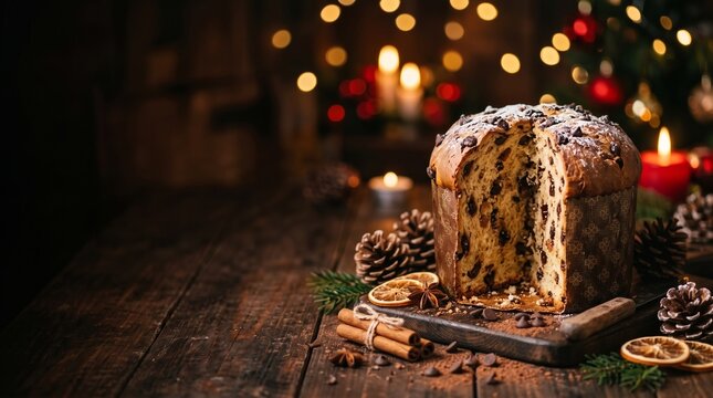Traditional italian christmas panettone cake on rustic wooden table with candles and pine cones italian dessert holiday pastry christmas tree