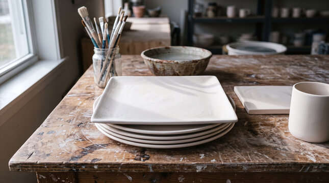 Stack of unglazed white bisque ceramic plates on a wooden pottery studio bench.