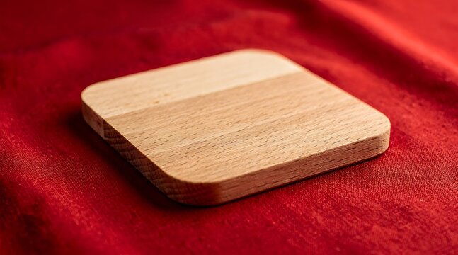 Close-up of a blank square wooden coaster with rounded corners and natural timber grain texture, placed on a luxury red fabric background, suitable for product mockup and home decor concepts.