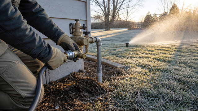 Irrigation technician connecting a compressor hose to a backflow preventer to winterize a sprinkler system.