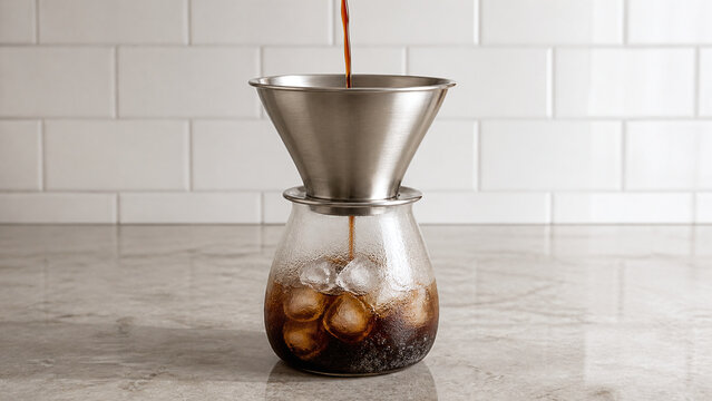 Stainless steel pourover coffee dripper brewing cold coffee into a glass carafe filled with ice.