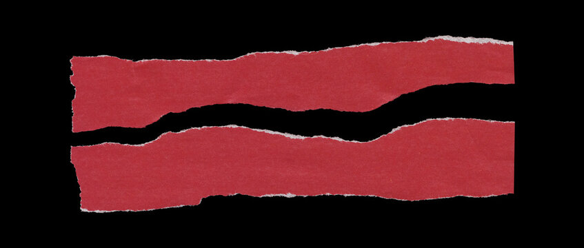 Set of two red torn paper strips with long horizontal shapes, rough ripped edges, slight waviness, and lightly wrinkled surfaces arranged in parallel on black background