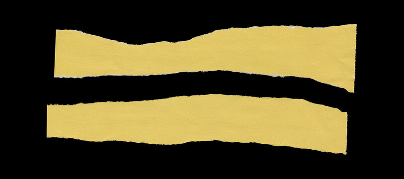 Set of two yellow torn paper strips with long horizontal shapes, rough ripped edges, slight waviness, and lightly wrinkled surfaces arranged in parallel on black background