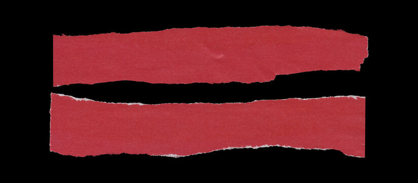 Set of two red torn paper strips with long horizontal shapes, rough ripped edges, slight waviness, and lightly wrinkled surfaces arranged in parallel on black background