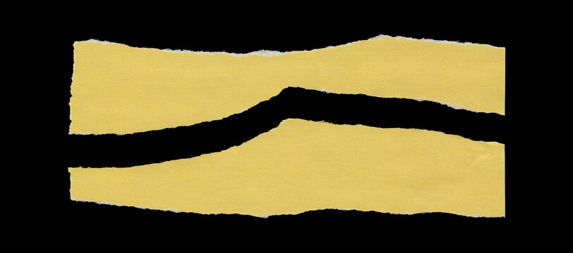 Set of two yellow torn paper strips with long horizontal shapes, rough ripped edges, slight waviness, and lightly wrinkled surfaces arranged in parallel on black background