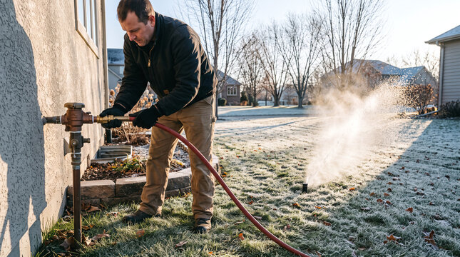 Irrigation technician winterizing a residential sprinkler system by blowing out water lines on a frosty morning.