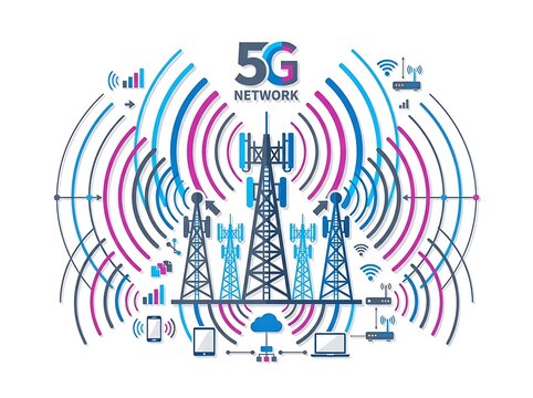 Vibrant 5G Network Illustration: Communication towers emitting colorful wireless signal waves, connecting smartphones, tablets, laptops, and routers,.