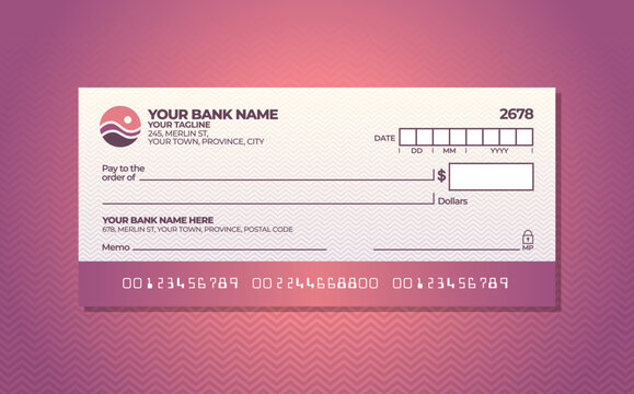 Blank bank check. Checkbook cheque template. Checkbook cheque template with magenta color theme. Money payment voucher or pay cash cheque certificate.