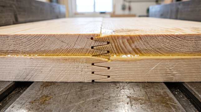 Close-up of a finger-jointed splice in a softwood lamella with visible adhesive in a timber factory.