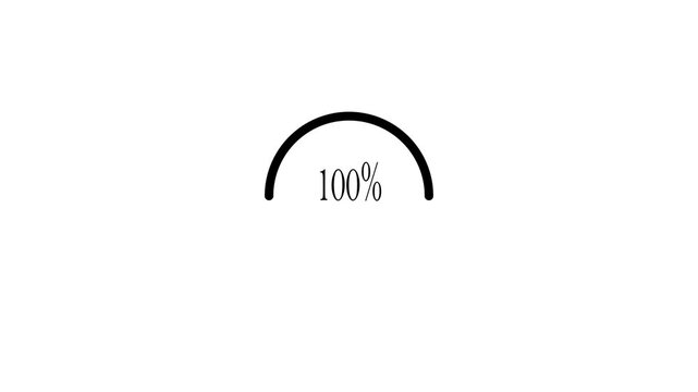 Black semi circular 100 percent progress bar loop animation on white background, minimalist loading indicator.