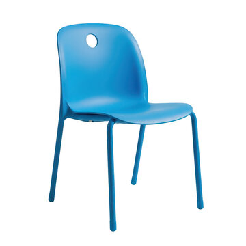 A blue chair with a hole in the backrest