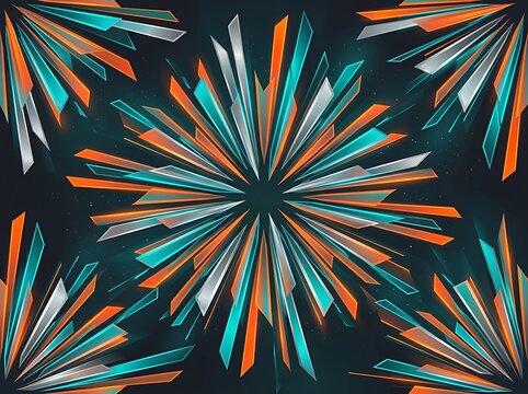 Dynamic abstract explosion of sharp, vibrant, glowing geometric shards in orange, teal, and silver, radiating outwards from a central dark void, set against.