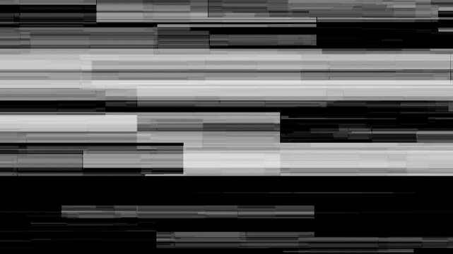Abstract analog TV glitch loop animation on black background, monochrome screen static noise distortion.