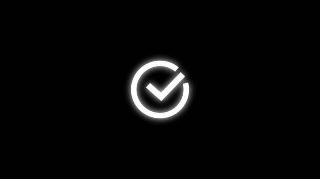 Minimalist white neon check mark loop animation on black background, glowing verified tick icon video.