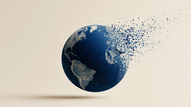 Earth Dissolving: A conceptual representation of the Earth breaking apart into small pieces, symbolizing environmental destruction or global crisis.