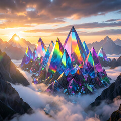Obraz premium Stunning fantasy landscape featuring iridescent crystal mountains glowing above a sea of clouds at sunset