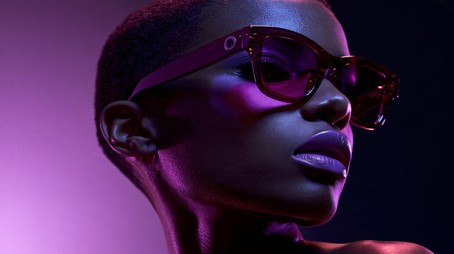 Fashion Forward Vision: A striking portrait of a stylish woman wearing trendy sunglasses and bold purple lipstick, illuminated by a vibrant pink and purple neon glow.