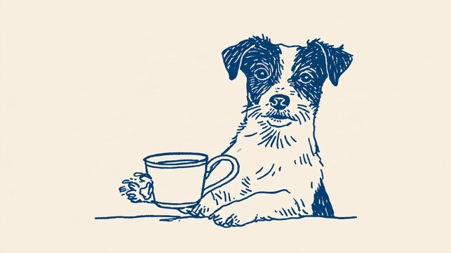 A Dog with a Coffee Cup: A charming sketch of a small dog with a black and white coat sits attentively, holding a delicate teacup in its paw, a whimsical scene for any pet lover.