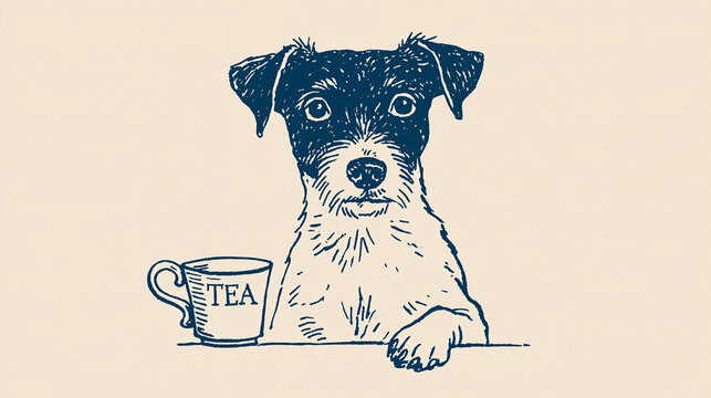Quaint Canine Companion: A charming illustrated terrier with expressive eyes sits attentively beside a delicate teacup labeled TEA, evoking a sense of cozy nostalgia and simple pleasures.