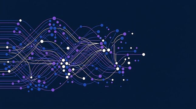 Abstract digital network flow of interconnected dots and lines in shades of purple, blue, and white, on a dark navy background, representing complex data.