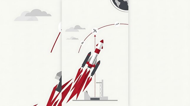 Minimalist vector illustration of a red and white rocket launching into space, featuring fiery exhaust, satellite orbit trajectory, and clean modern graphic.