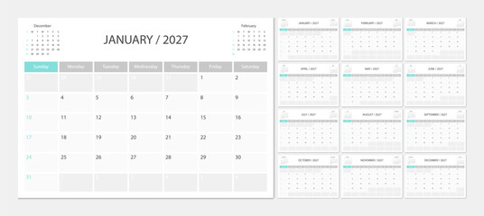 Fototapeta premium Calendar 2027 week start Sunday corporate design planner template.