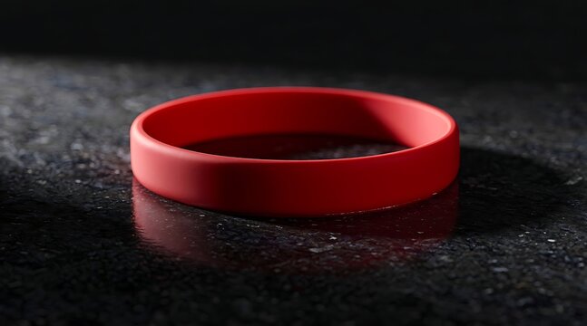 Plain red silicone wristband or rubber bracelet for awareness, charity, and promotional events, placed on a dark textured granite surface with soft reflection and dramatic side lighting.