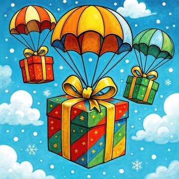 Colorful Christmas gift boxes float in a bright blue sky, suspended by parachutes amidst fluffy clouds and drifting snowflakes
