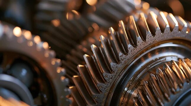 Industrial engineering and mechanical innovation concept close up of rotating metal gears in a machine macro shot with shallow depth of field