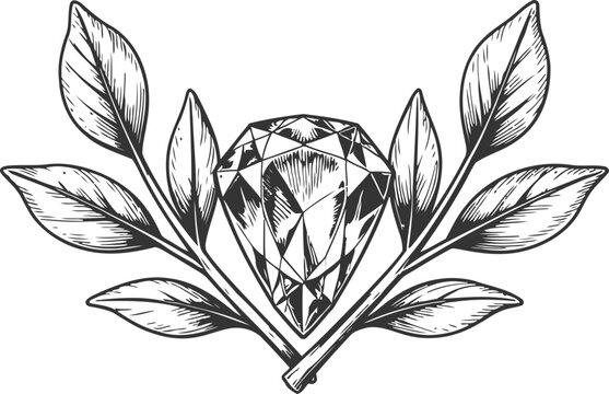 Diamond gemstone with detailed leaves engraving vintage luxury jewelry illustration design