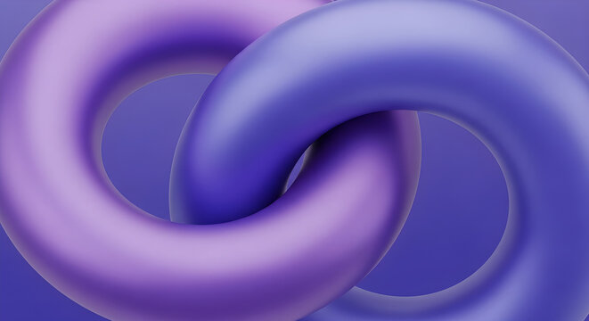 Abstract 3D rendering featuring two interlocking purple and violet torus rings creating a seamless connection design for modern digital art