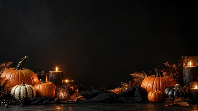 Elegant Halloween Background with Pumpkins Candles and Dark Copy Space
