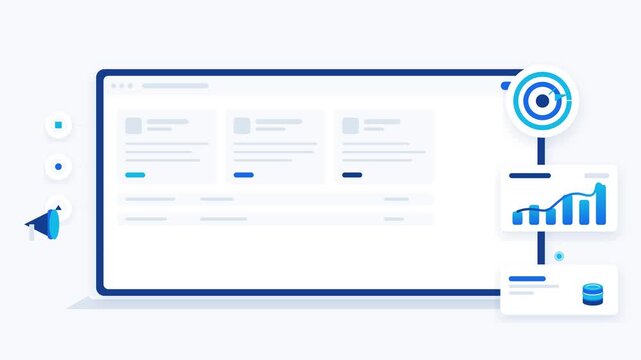 Premium seamless digital marketing animation showing campaign content distribution, audience targeting, performance analytics, rising growth charts and revenue results around a modern laptop dashboard