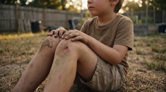 Young child with dirty scraped knees sitting outdoors, hands resting on injured legs, wearing brown shirt and shorts in a dry backyard setting