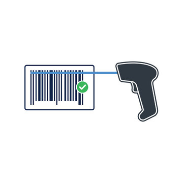 Handheld barcode scanner reading a product label with a green checkmark success icon in flat design