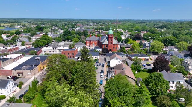 Town Hall of Warren aerial view at 514 Main Street in historic town center of Warren, Rhode Island RI, USA. 