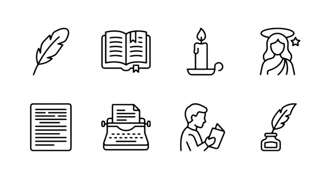 Writing Icons: Quill, Book, Candle, Angel, Document, Typewriter, Reader, Inkwell Set