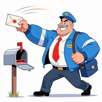 Confident mailman with huge arms tossing letter into mailbox on white background with a grin.