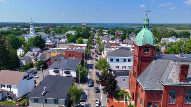 Warren town center aerial view on Main Street in summer, Warren, Rhode Island RI, USA. 