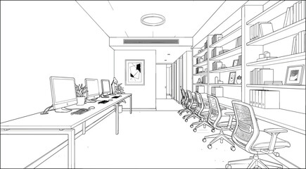 Fototapeta premium Modern library research laboratory sketch vector illustration with long computers desks ergonomic office chairs and large bookshelves