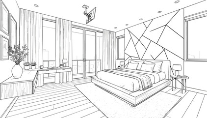 Fototapeta premium Modern luxury bedroom interior sketch vector illustration with geometric mosaic feature wall platform bed and balcony glass doors