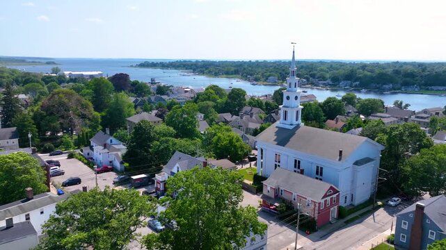 First United Methodist Church aerial view at 25 Church Street in historic town center of Warren, Rhode Island RI, USA.  