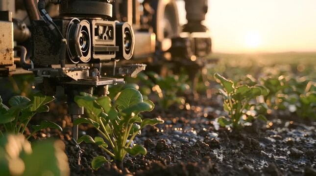 Precision agriculture and smart farming technology autonomous robot weeding crops in a field at sunset automated agricultural machinery in action