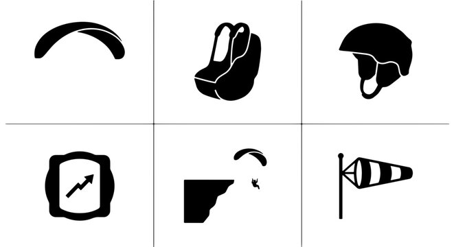 Paragliding Equipment Icons, Vector Set: Paraglider, Harness, Helmet, Wind Sock, Cliff Launch