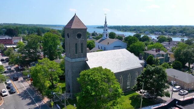 Baptist Church in Warren aerial view at 407 Main Street in historic town center of Warren, Rhode Island RI, USA.   