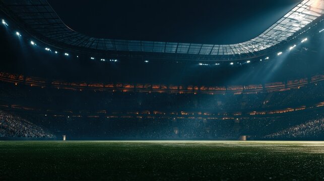 A wide shot shows an empty professional stadium at night with bright lights focused on the field and scoreboard displaying number 2031.