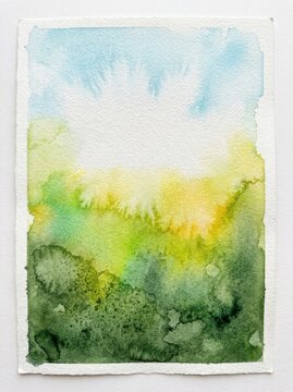 Abstract Watercolor Painting of Green Meadow and Blue Sky on Textured Paper Background for Creative Projects