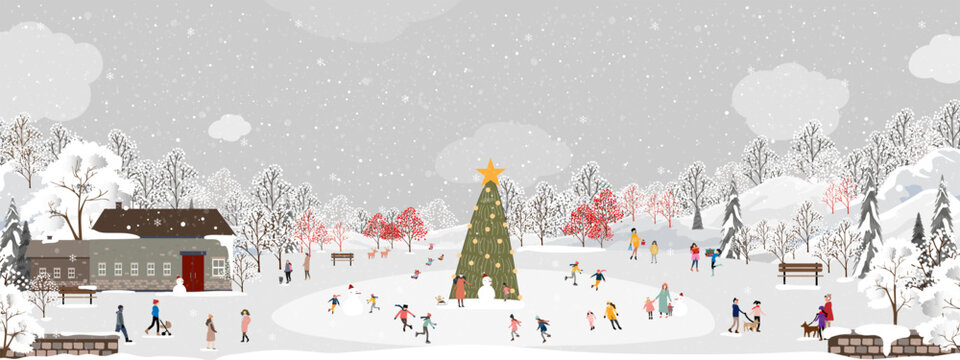 Christmas winter background with snow,Christmas tree,festive tree, people ice skating in snowy park,Holiday landscape with house,forest,falling snow for New Year banner, greeting card